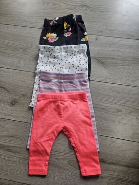 Lot of 4 George Baby Girl Leggings Floral Polka Dot Stripes Coral 3-6m